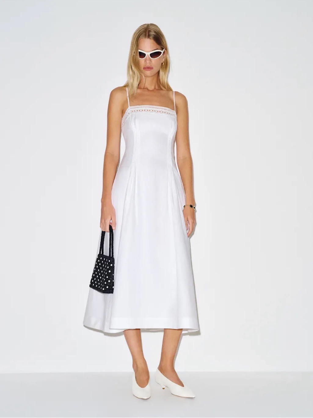 Reformation White Eyelet-Trim Spaghetti-Strap Midi Dress